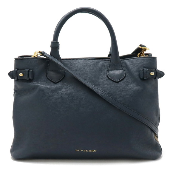 BURBERRY Banner House Check Side Tote Bag Shoulder Leather Navy - Picture 1 of 10